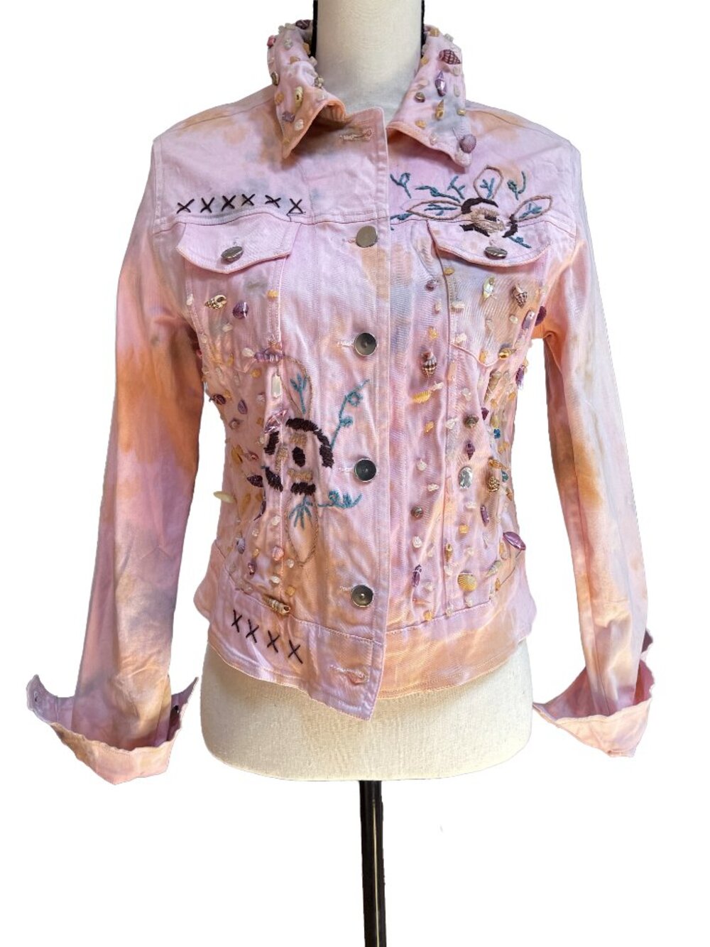 ANTICA Italy Pink Denim Trucker Jacket Seashell Crochet Coastal Boho XS - Picture 11 of 13
